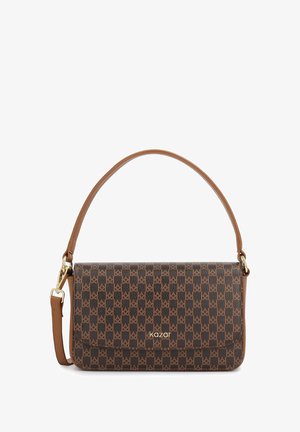 Smeđi pravokutni ručni posao od teksturirane kože s kariranim uzorkom i zlatnim detaljima. Ima jednu gornju ručku i odvojivu traku.