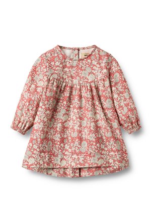 Langärmige peuterjurk met roze en witte bloemenprint, geplooide halslijn en elastische boorden op een witte achtergrond.