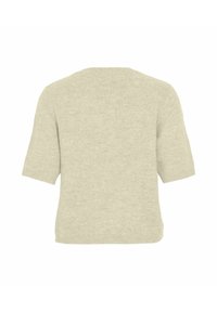 Korte mouw trui in zacht, lichtbeige breiwerk. Voorzien van een ronde hals en een ontspannen pasvorm. De textuur lijkt glad en fijn.