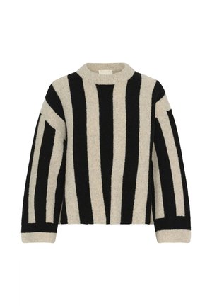 Beige und schwarzer Pullover mit langen Ärmeln, der auffällige vertikale und horizontale Streifen sowie einen runden Ausschnitt aufweist, auf einem weißen Hintergrund präsentiert.