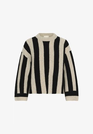 Pull à manches longues beige et noir avec de larges rayures verticales et horizontales et un col rond, présenté sur un fond blanc.