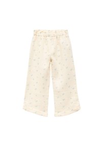 Pantalones crema claros con un corte amplio, que presentan un estampado floral en azul claro. Cintura elástica y piernas anchas con bajos ligeramente acampanados.