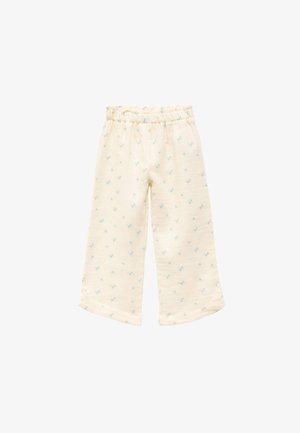 Vaalean kermanväriset housut, joissa on rento istuvuus ja vaaleansinisellä kukkakuviolla. Joustava vyötärö ja leveät lahkeet, joissa on hieman levenevät helmat.