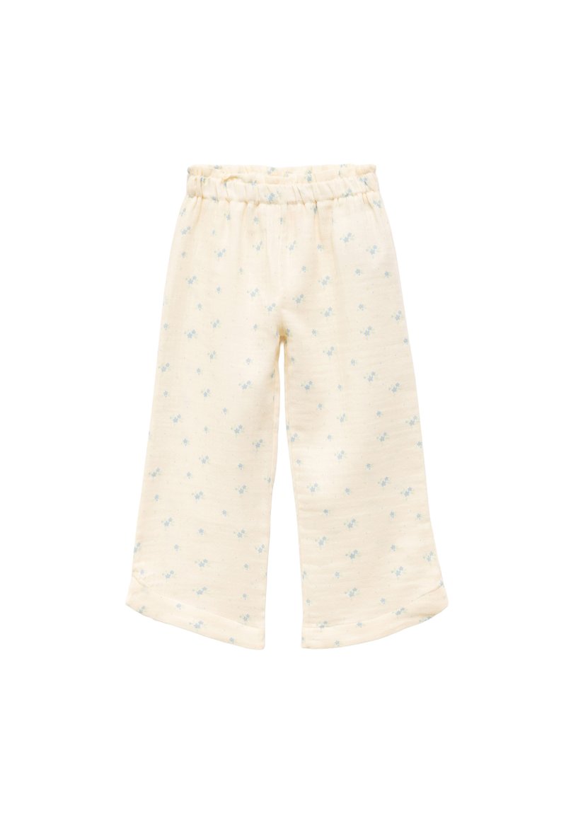 Pantalones crema claros con un corte amplio, que presentan un estampado floral en azul claro. Cintura elástica y piernas anchas con bajos ligeramente acampanados.