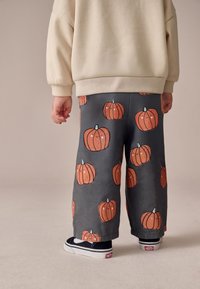Pantalon gris avec des imprimés de citrouilles orange, à la coupe ample. Assorti à des chaussures Vans noires et blanches. Un sweat-shirt beige clair est visible au-dessus.