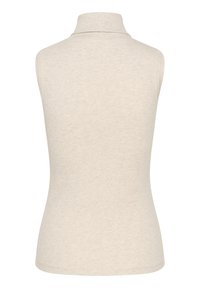 Vaalean beige ilman hihoja oleva paita, jossa on korkea kaulus ja ribbitekstuuri. Paita on vartalonmyötäinen, eikä siinä ole näkyviä saumoja tai metalliosia.