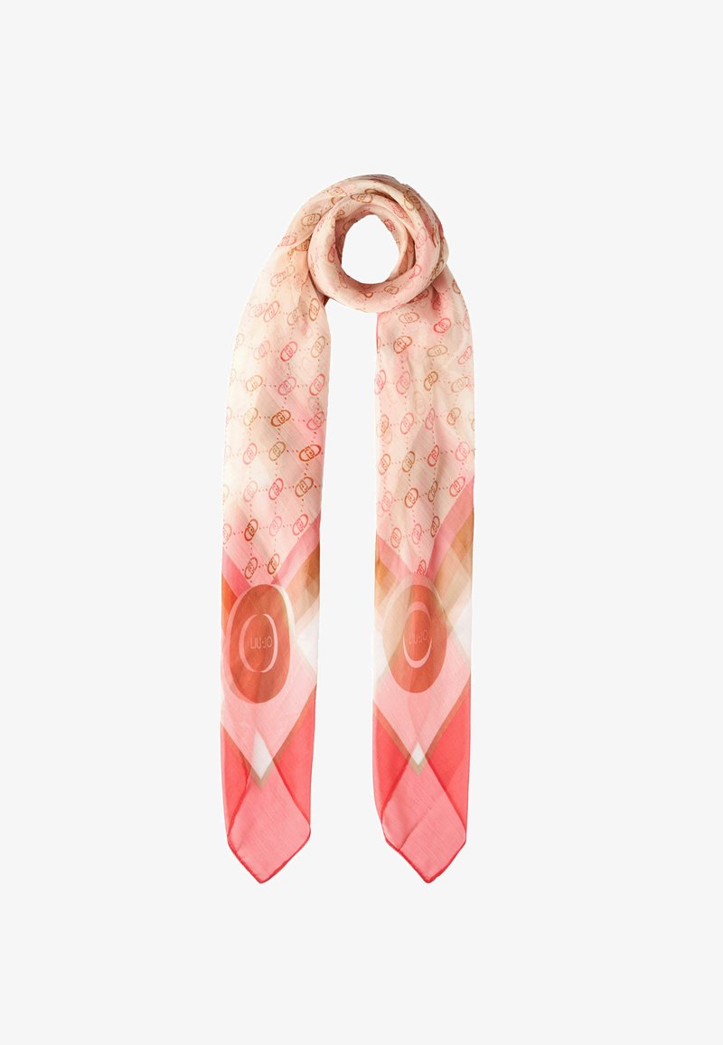 Foulard di seta nelle tonalità di pesca e rosa, caratterizzato da un motivo geometrico, una texture liscia e un cerchio con logo al centro.
