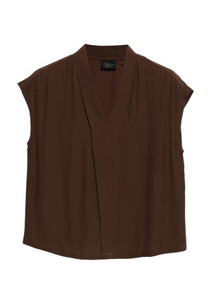 Ärmellose braune Bluse mit V-Ausschnitt und lockerem Schnitt, aus leichtem Stoff, mit kleinem Kragen und dezenten Nahtdetails.