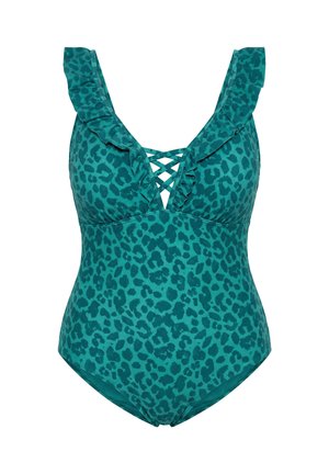 Turquoise blauwe badpak met luipaardprint, gerimpelde schouderbandjes en gekruiste details bij de diepe V-hals.