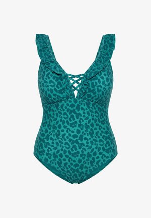 Turkis badedragt i ét stykke med leopardprint, flæsekant på skulderstropperne og krydsdetalje ved den dybe V-udskæring.
