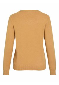 Kollane pikkade varrukatega sviiter, ümarate kaelustega, ribadega manšettide ja alumise äärega ning sileda kudumise tekstuuriga.