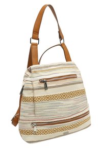 Borsa strutturata con tessuto crema caratterizzato da motivi geometrici marroni e arancioni, rifinita da due tasche con zip e una tracolla in pelle marrone.