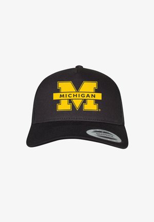 Black baseball cap featuring a yellow "M" logo and "MICHIGAN" in bold lettering, with a snapback adjustment at the back.