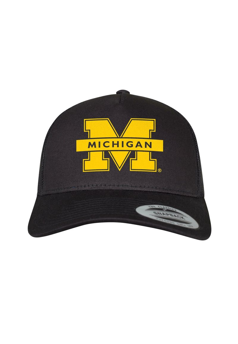 Black baseball cap featuring a yellow "M" logo and "MICHIGAN" in bold lettering, with a snapback adjustment at the back.