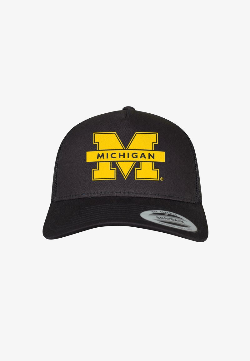 Black baseball cap featuring a yellow "M" logo and "MICHIGAN" in bold lettering, with a snapback adjustment at the back.
