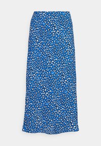 Blauwe midi-rok met een patroon van zwart-witte abstracte vormen. Zachte, lichte stof met een gladde textuur en een elastische tailleband.