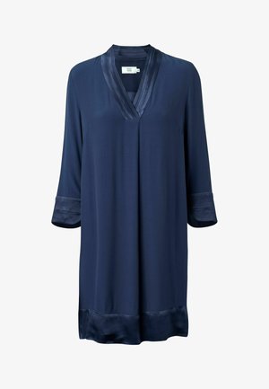 Navy blue dress with a V-neck, satin trim along the collar and sleeves. Long sleeves, soft texture, and a loose fit.