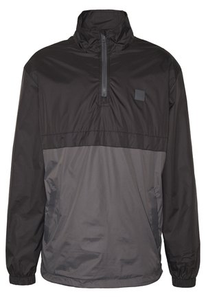 Fekete és szürke pulóverdzseki magas gallérral, félcipzárral az elején, rugalmas mandzsettákkal és oldalsó zsebekkel. Könnyű, sima anyagból készült.