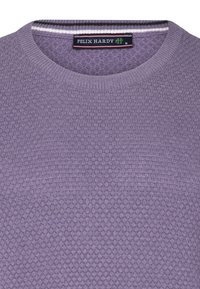 Hellblauer Strickpullover mit einem strukturierten Wabenmuster, Rundhalsausschnitt und kontrastierender Streifenakzent am Kragen.