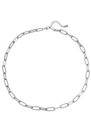 Silberne Halskette mit abwechselnden länglichen und gedrehten ovalen Gliedern, ausgestattet mit einem Karabinerverschluss und einer verstellbaren Verlängerungskette.