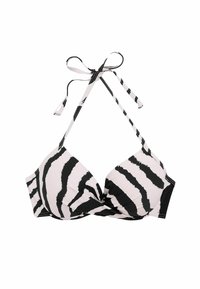 Top da bikini a righe zebrate bianco e nero con design frontale intrecciato. Presenta legacci per il collo a halter e imbottitura morbida per un supporto ottimale.
