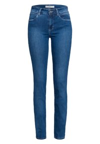 Hubené modré džínové kalhoty s vysokým pasem, designem na pět kapes, subtilním prošíváním a hladkou texturou. Obsahují přední zapínání na knoflík.