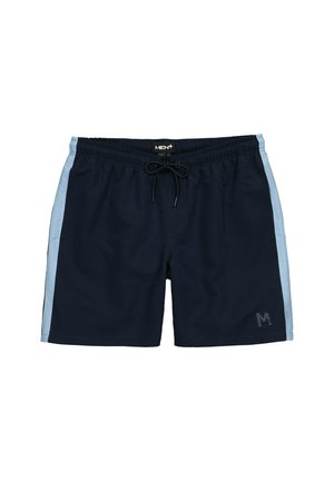 Costumi da bagno da uomo in blu navy con pannelli laterali azzurri. Presentano una vita elastica con coulisse, realizzati in un materiale leggero e liscio.