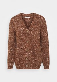 Brun stickad cardigan med V-ringning, fem knappar och långa ärmar. Har en texturerad, fläckig design genom hela plagget.