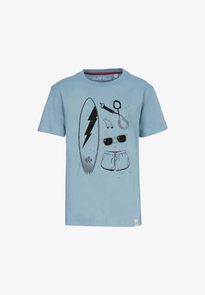 Light blue cotton T-shirt featuring black surf-themed graphics, including a surfboard, sunglasses, shorts, and beach accessories.