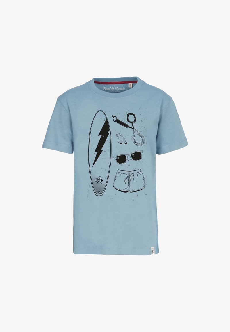 Light blue cotton T-shirt featuring black surf-themed graphics, including a surfboard, sunglasses, shorts, and beach accessories.