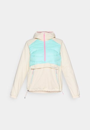 Lightweight jacket with a mint green quilted front, cream sleeves and hood, featuring a zip neck and adjustable drawstrings at the hem.
