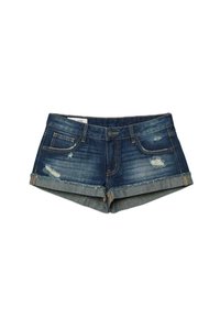 Shorts en jean bleu marine avec ourlet retroussé, poches avant, fermeture par bouton et fermeture éclair, et détails usés sur les côtés avant.