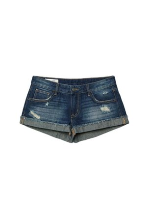 Shorts in denim blu scuro con orlo risvoltato, tasche frontali, chiusura con bottoni e cerniera, e dettagli consumati sui lati anteriori.