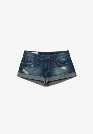 Shorts in denim blu scuro con orlo risvoltato, tasche frontali, chiusura con bottoni e cerniera, e dettagli consumati sui lati anteriori.