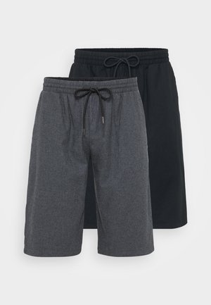 To par med shorts: en grå melert og en ensfarget svart, med elastisk livbelte og justerbar snor. Myk stofftekstur.