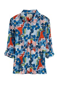 Chemise colorée à boutons, ornée d'un motif floral avec des fleurs bleues, des accents rouges, des feuilles vertes et un tissu texturé. Manches courtes, avec col.