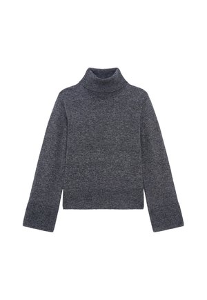 Suéter gris de punto con cuello alto, de mangas largas y puños acanalados. Presenta un cuello alto y un diseño corto. Textura suave.