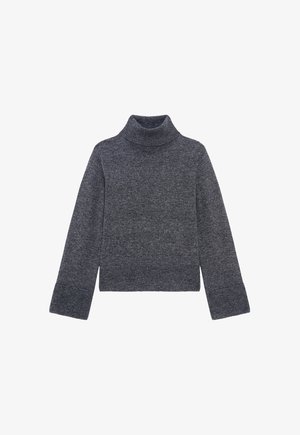 Harmaa neulottu high neck -villapaita, jossa on pitkät hihat ja ribbireunat. Sen erityispiirteitä ovat korkea kaulus ja lyhyt leikkaus. Pehmeä kangas.