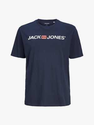 Navy blue cotton T-shirt with short sleeves, round neck, and a large white and red "JACK & JONES" logo printed on the front.