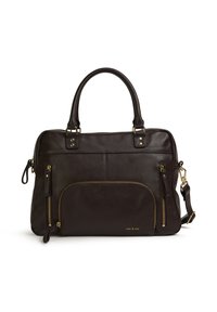 Ciemnobrązowa skórzana torebka z podwójnymi uchwytami, odpinanym paskiem, złotymi akcentami oraz zamykanymi na zamek kieszeniami z przodu.
