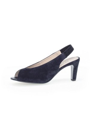 Navy suede slingback heel with open toe; features a cushioned insole, a slender heel, and a smooth interior lining.