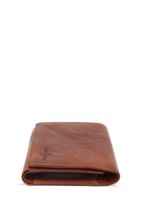 Brown leather wallet with a textured surface, rectangular shape, and visible stitching. Features a subtle embossed logo on the front.