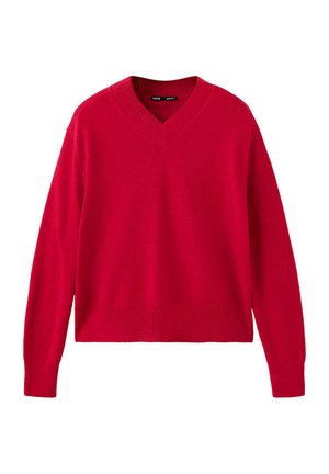 Maglione rosso a maniche lunghe con scollo a V, lavorato a maglia con polsini e orlo a coste, mostrato su sfondo bianco.