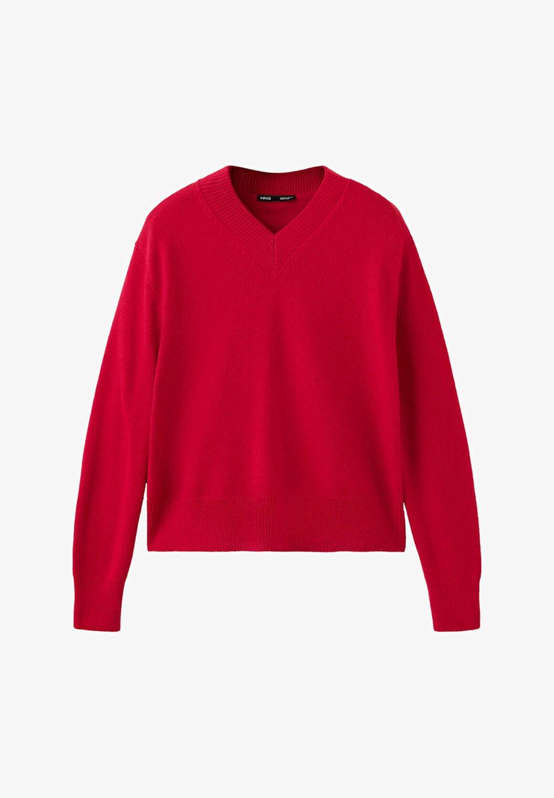 Pull en tricot rouge à manches longues avec col en V, poignets et ourlet côtelés, présenté sur fond blanc.