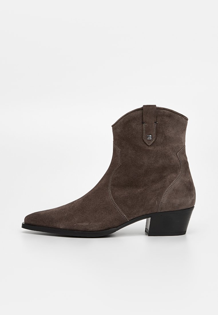 Stivale alla caviglia in suede marrone con punta appuntita, tacco basso impilato e una linguetta nella parte superiore; presenta cuciture visibili lungo i lati.