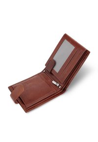 Brązowy skórzany portfel z wieloma przegródkami na karty, przezroczystym oknem na identyfikator, kieszenią na zamek błyskawiczny i zapięciem na zatrzask. Gładka faktura, kompaktowy design.