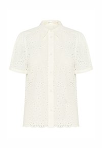 Blouse blanche à manches courtes avec boutons, broderie anglaise, ourlet festonné et col classique.
