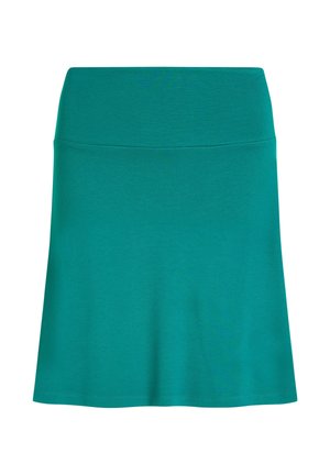 Een knie-lange, aqua-groene rok gemaakt van zachte, rekbare stof met een gladde tailleband en een licht uitlopend ontwerp. Geen zichtbare patronen of accenten.