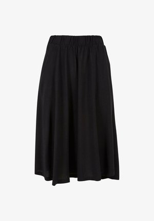 Juodas midi sijonas su elastinga juosta ir plevenančiu dizainu. Pagamintas iš minkštos medžiagos, turi glotnų paviršių ir nėra matomų raštų.