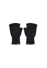 Guanti senza dita neri in maglia con una texture a coste, dotati di punte delle dita aperte e orlo cucito. Logo discreto nell'area del polso.